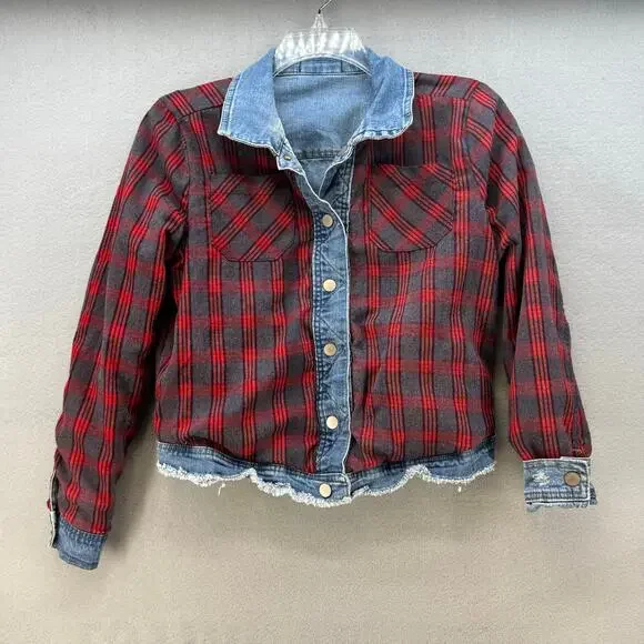 BKE Denim Jean Jacket Women's S Blue and Red Plaid Fully Reversable Preppy - Picture 2 of 14